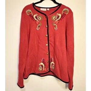 Croft & Barrow Wool blend button Embroidered Cardigan women burgun pasiley Sz M